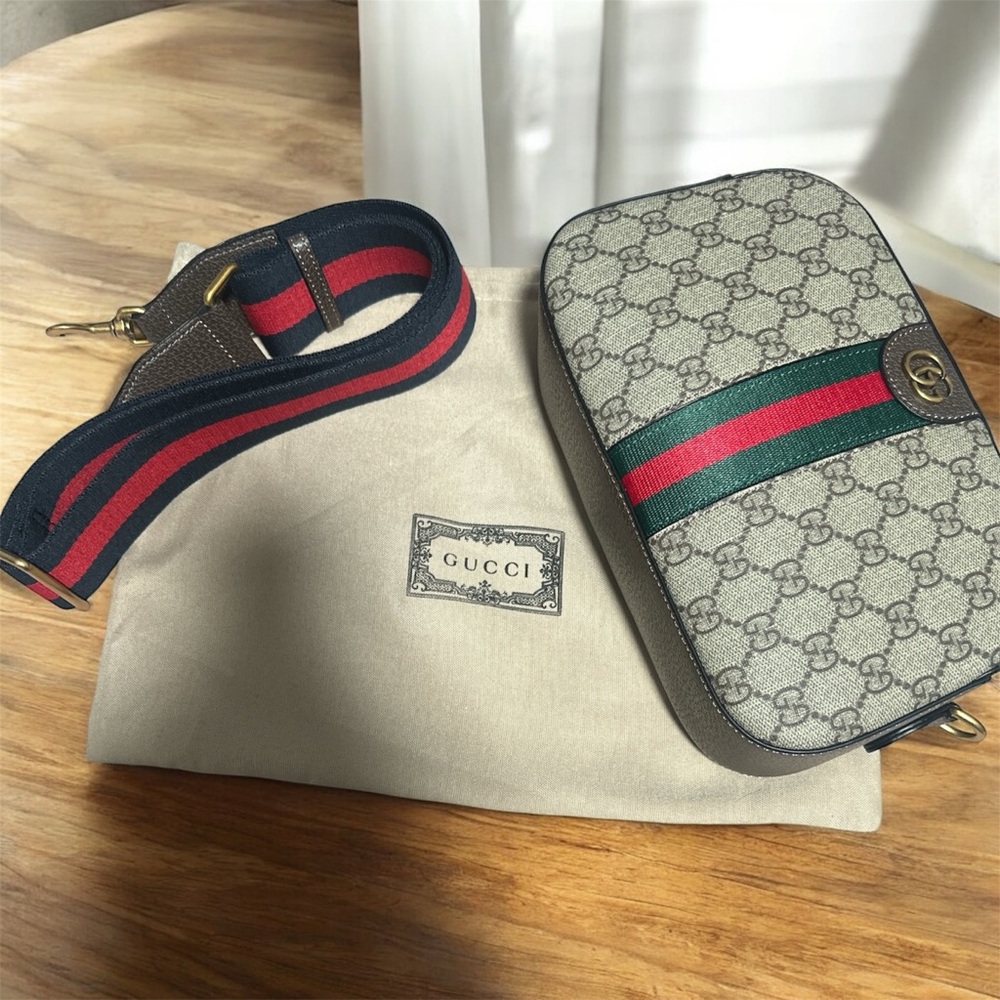 Gucci Beige and Black Belt Bag with Red and Green Accents